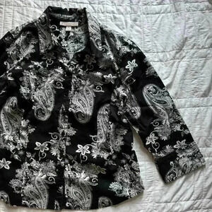 JM collection Y2K boho Black and white paisley collared shirt size petite 12